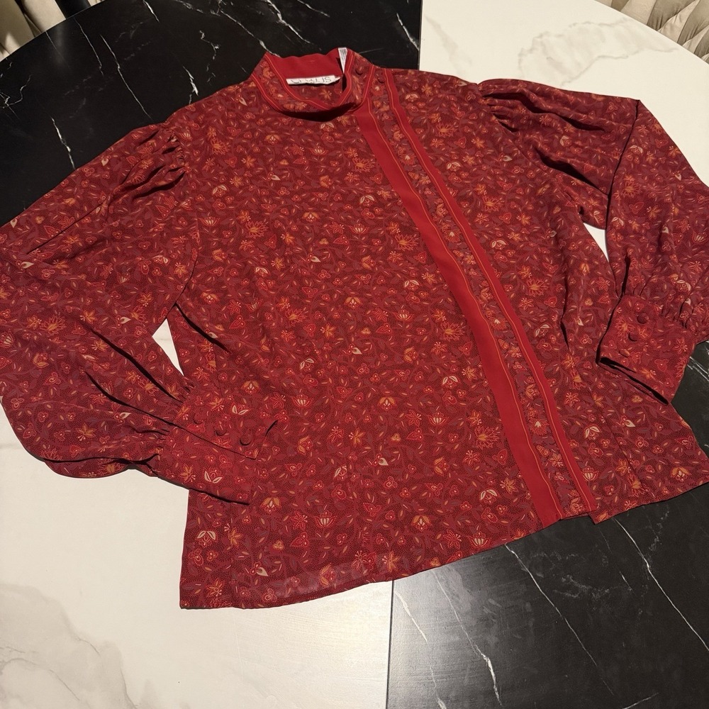 Vintage CHAUS Blouse 16 Red Satin Chinoiserie Mandarin Collar Button Down Top